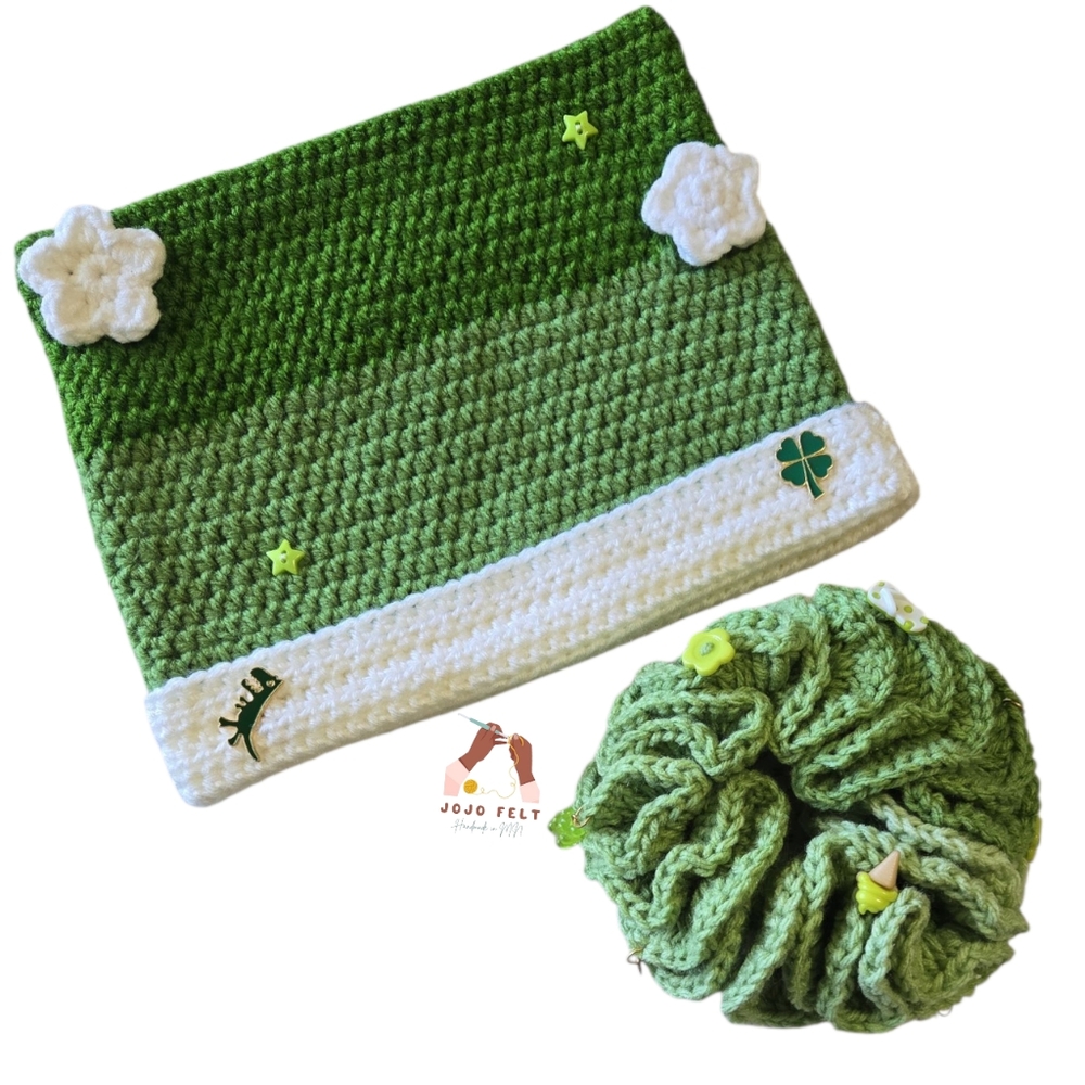 Lime/White Cat Ear Beanie w/3D Ruffle Scrunchie Set, Kids Size, HandmadeByMe,